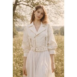 Divine Heritage White Cotton Belted Moto Jacket Cropped Biker Size L